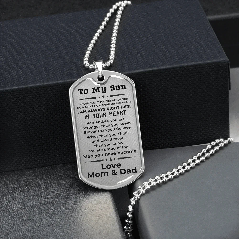 Gift for Adult Son Military Dog Tag Style Necklace Love Mom & Dad