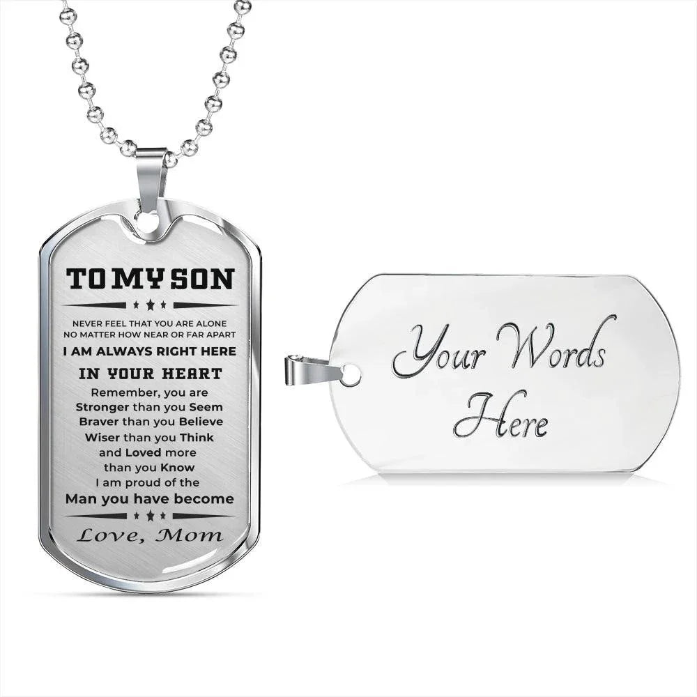Gift for Adult Son from Mom Personalized Military Dog Tag Style Pendant Necklace with Engraved Back - Mallard Moon Gift Shop
