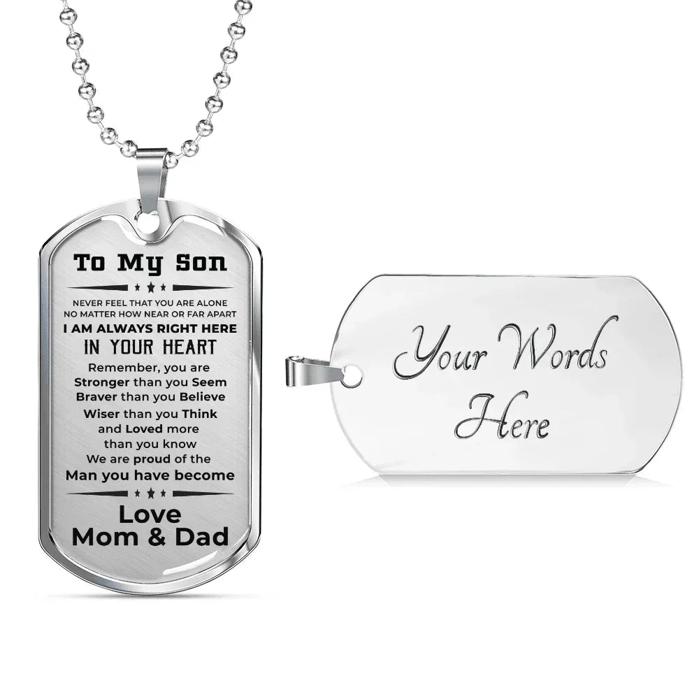 Gift for Adult Son Military Dog Tag Style Necklace Love Mom & Dad