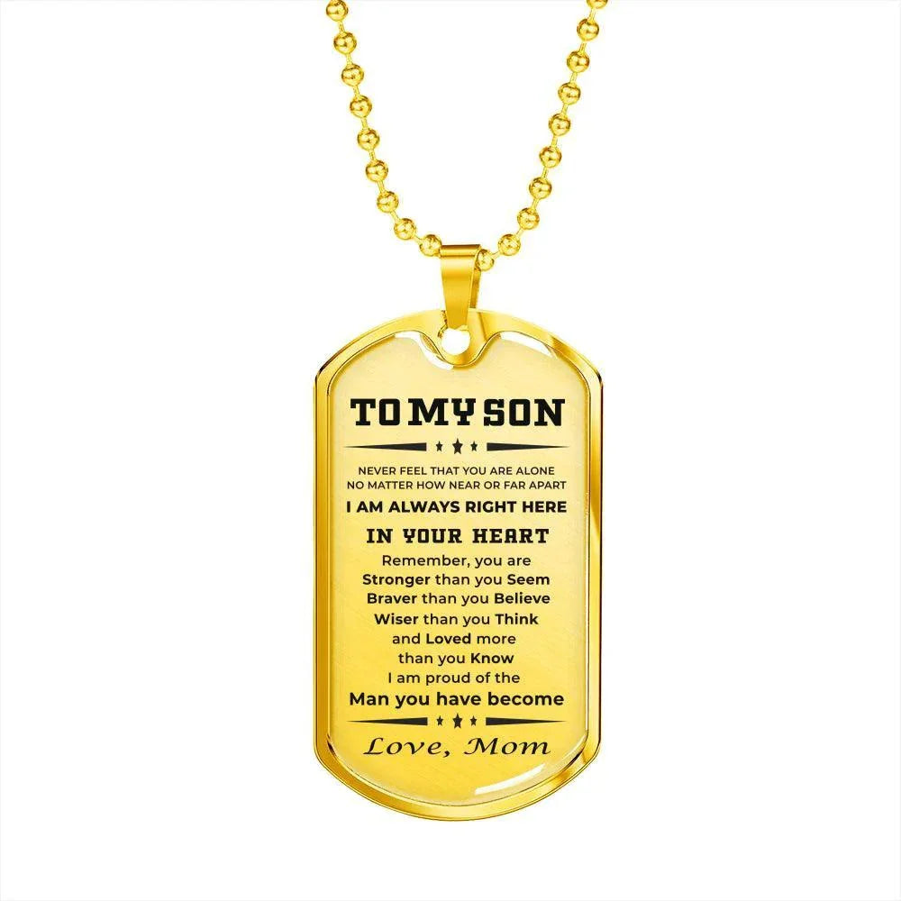 Gift for Adult Son from Mom Personalized Military Dog Tag Style Pendant Necklace with Engraved Back - Mallard Moon Gift Shop