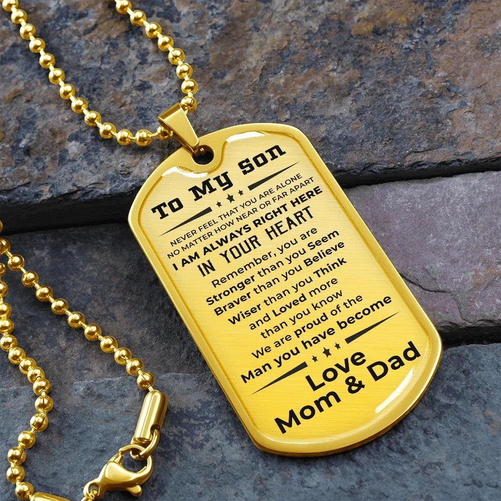 Gift for Adult Son Military Dog Tag Style Necklace Love Mom & Dad