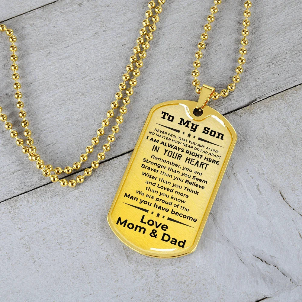 Gift for Adult Son Military Dog Tag Style Necklace Love Mom & Dad