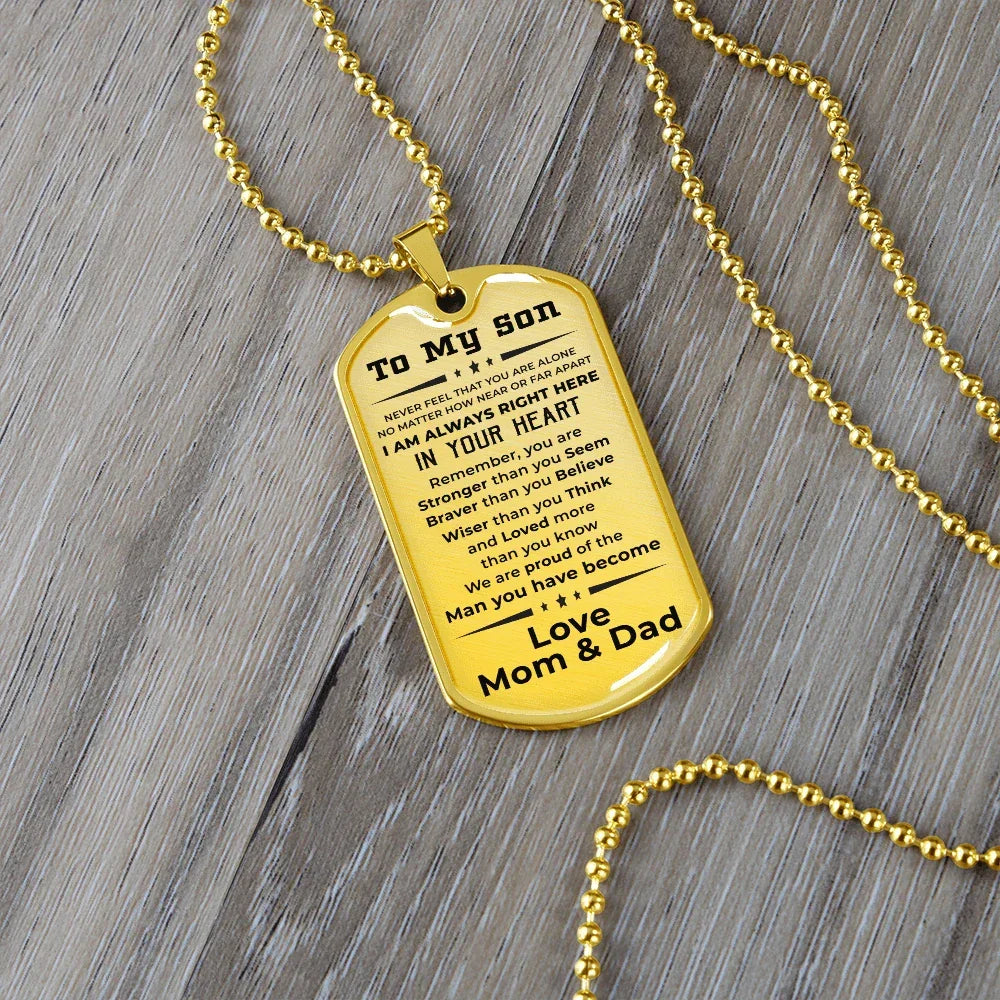 Gift for Adult Son Military Dog Tag Style Necklace Love Mom & Dad