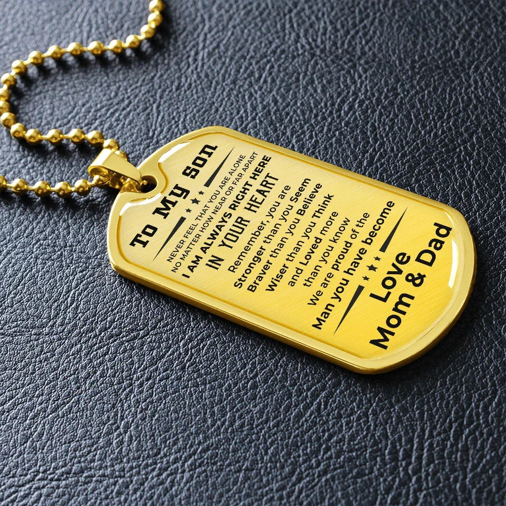 Gift for Adult Son Military Dog Tag Style Necklace Love Mom & Dad