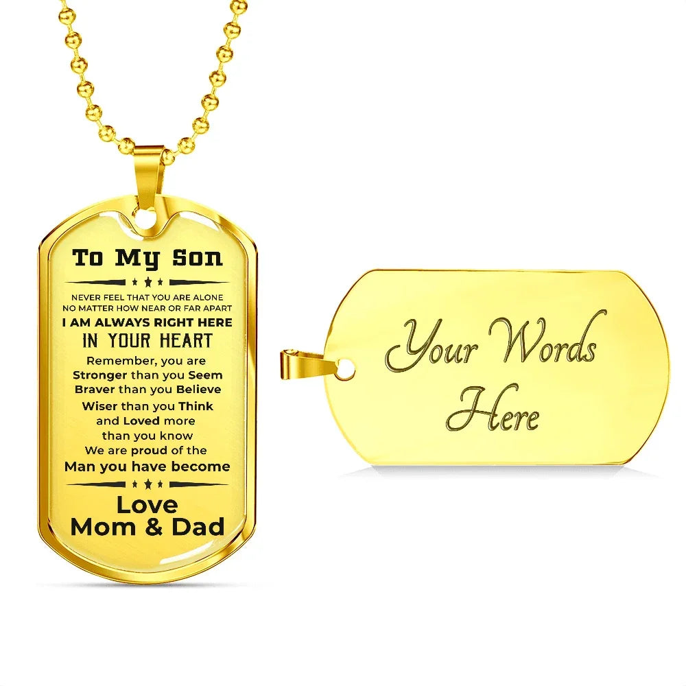 Gift for Adult Son Military Dog Tag Style Necklace Love Mom & Dad