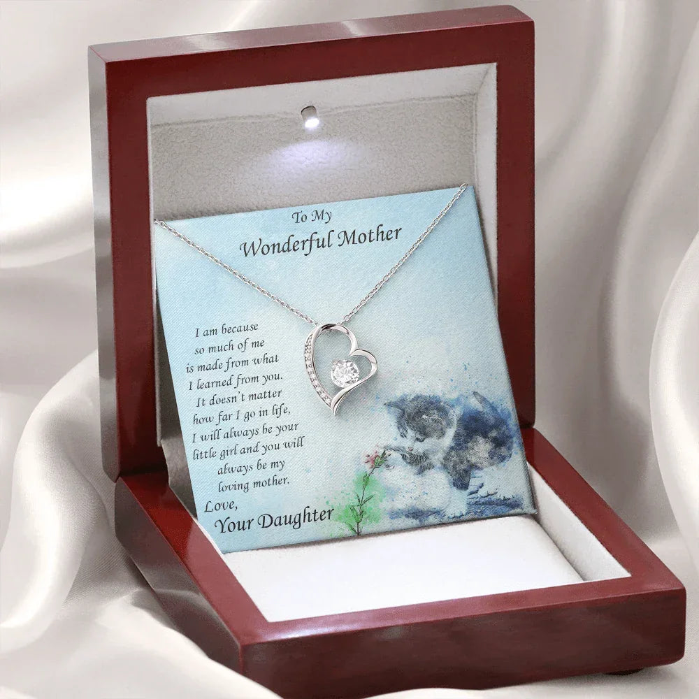 Gift for Mother from Daughter Forever Love Heart Pendant Necklace with Kitten Message Card
