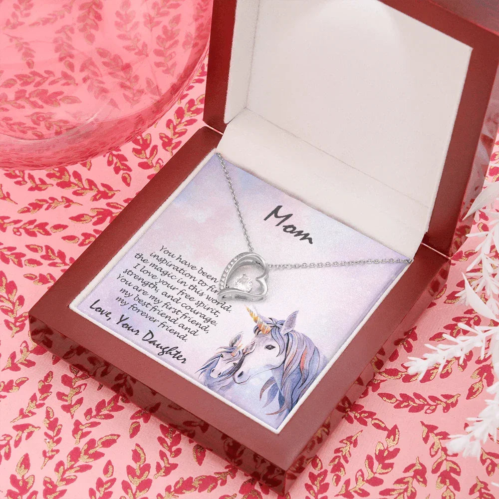 Gift for Mother Forever Love Heart Pendant Necklace From Daughter Unicorn Message Card