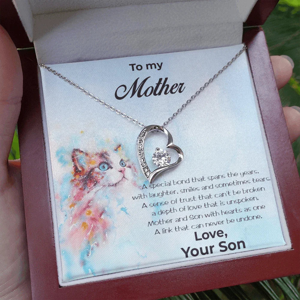 Gift for Mother From Son Forever Love Heart Pendant Necklace Cat Message Card