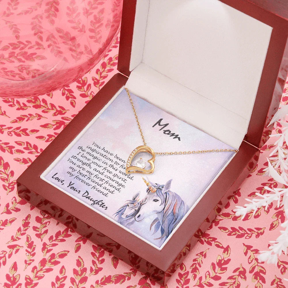 Gift for Mother Forever Love Heart Pendant Necklace From Daughter Unicorn Message Card