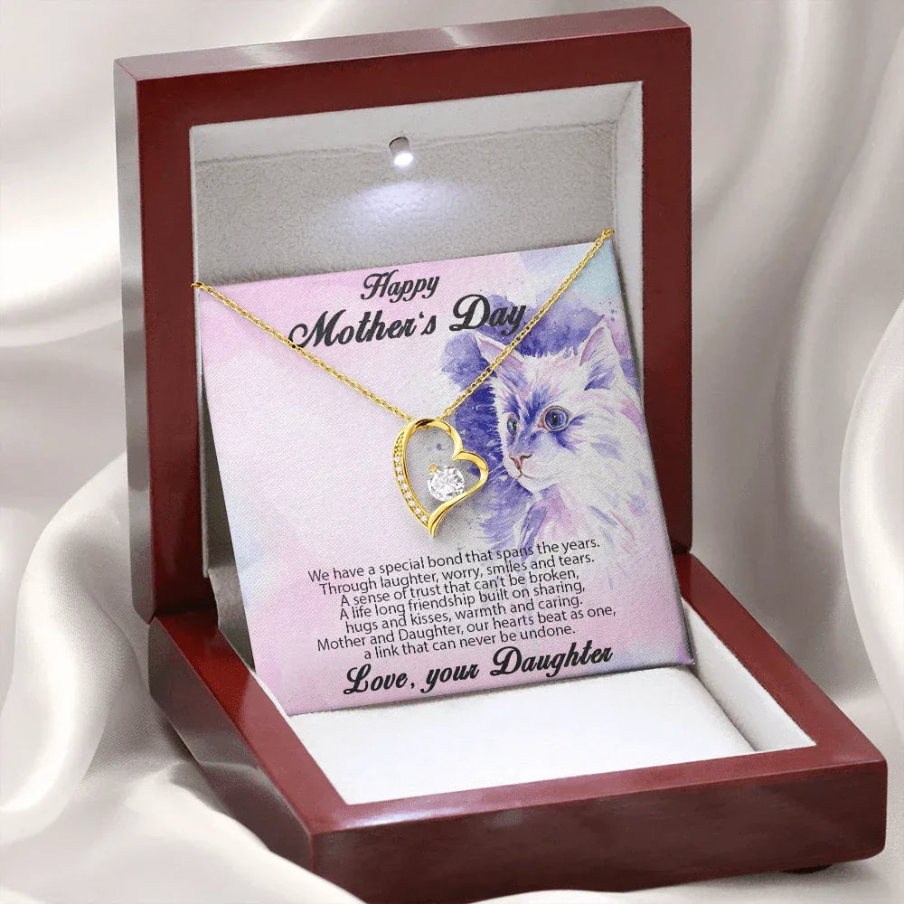 Mother's Day Gift from Daughter Forever Love Heart Pendant Necklace Cat Message Card