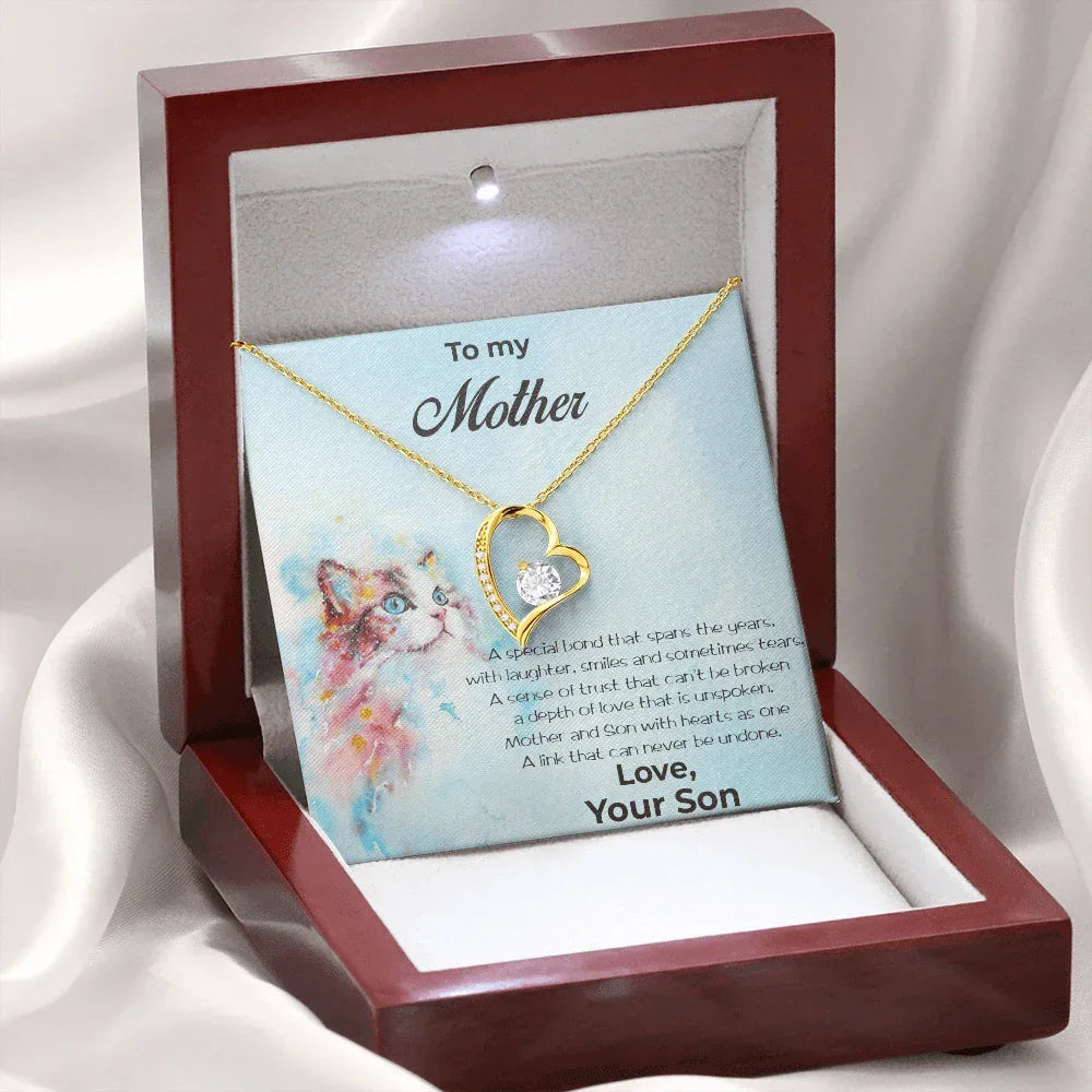 Gift for Mother From Son Forever Love Heart Pendant Necklace Cat Message Card