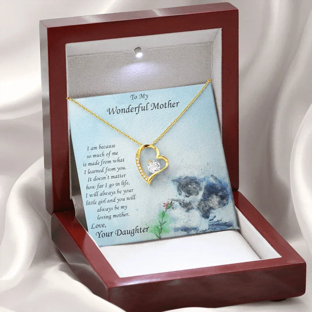 Gift for Mother from Daughter Forever Love Heart Pendant Necklace with Kitten Message Card