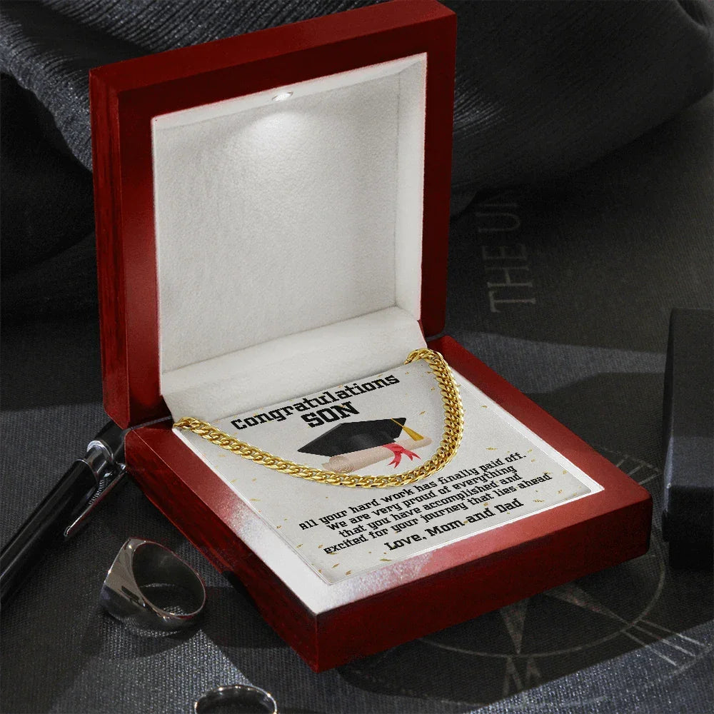 Graduation Gift for Son Cuban Link Chain Necklace – Inspirational Present from Mom and Dad – Polished Stainless Steel or 14K Gold – Luxury Gift Box – Men’s Sentimental Keepsake Jewelry