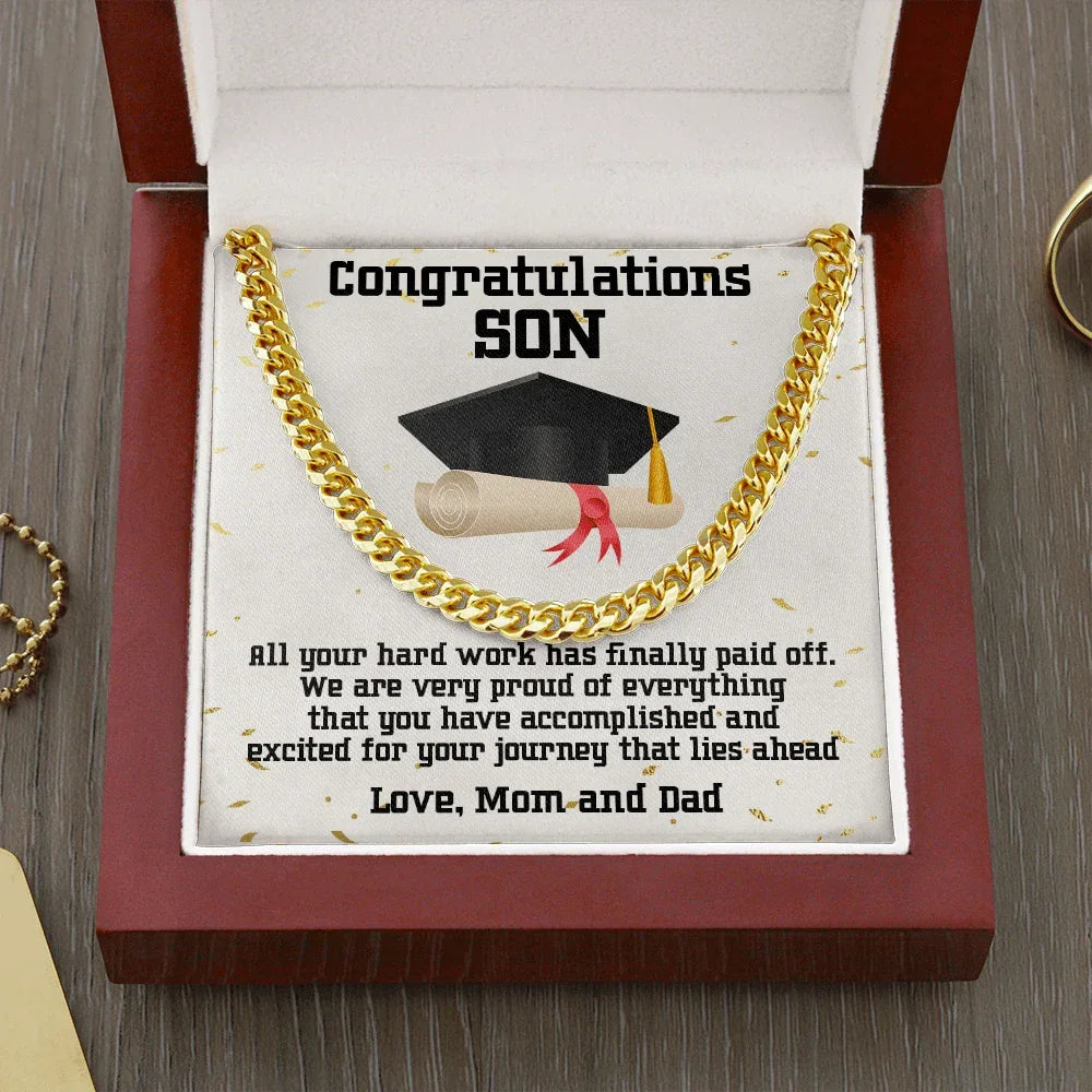 Graduation Gift for Son Cuban Link Chain Necklace – Inspirational Present from Mom and Dad – Polished Stainless Steel or 14K Gold – Luxury Gift Box – Men’s Sentimental Keepsake Jewelry