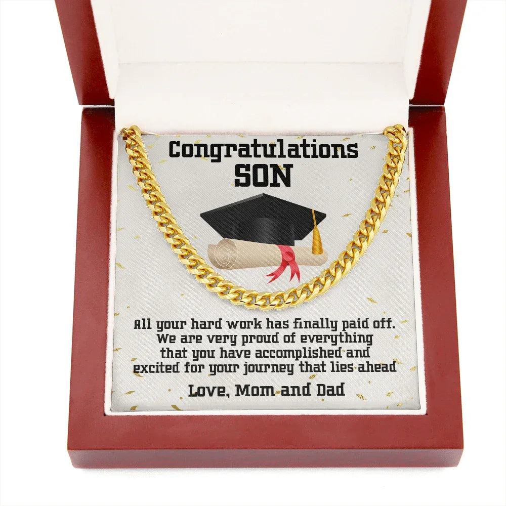 Graduation Gift for Son Cuban Link Chain Necklace – Inspirational Present from Mom and Dad – Polished Stainless Steel or 14K Gold – Luxury Gift Box – Men’s Sentimental Keepsake Jewelry