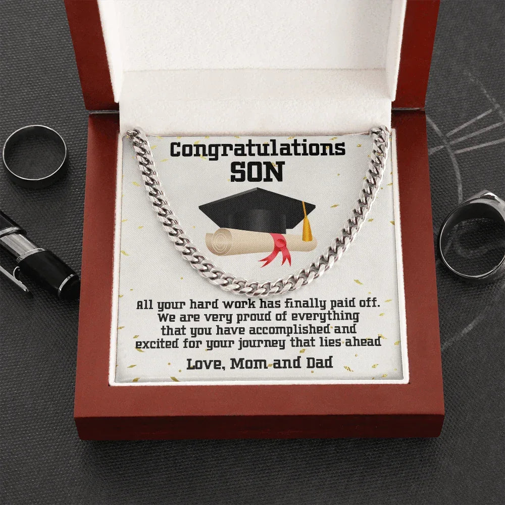 Graduation Gift for Son Cuban Link Chain Necklace – Inspirational Present from Mom and Dad – Polished Stainless Steel or 14K Gold – Luxury Gift Box – Men’s Sentimental Keepsake Jewelry