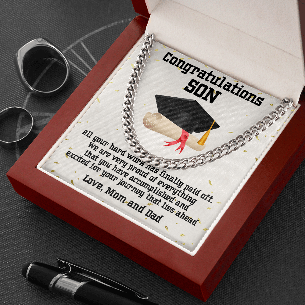 Son Graduation Link Chain Necklace Congratulations Love Mom and Dad - Mallard Moon Gift Shop