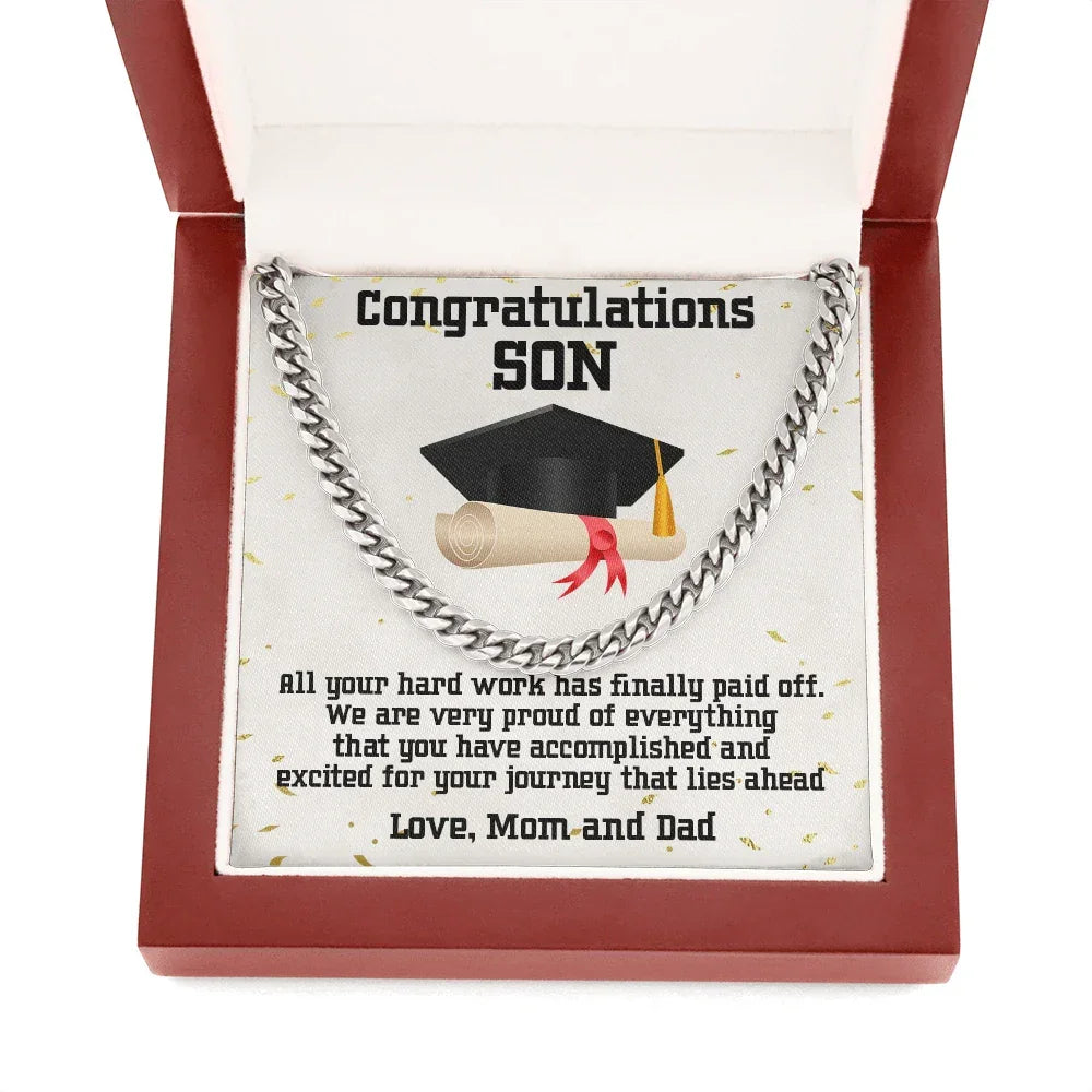 Graduation Gift for Son Cuban Link Chain Necklace – Inspirational Present from Mom and Dad – Polished Stainless Steel or 14K Gold – Luxury Gift Box – Men’s Sentimental Keepsake Jewelry