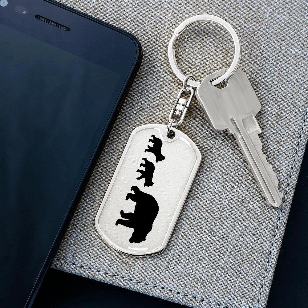 Papa Bear with Two Cubs Personalized Engraved Dog Tag Keychain