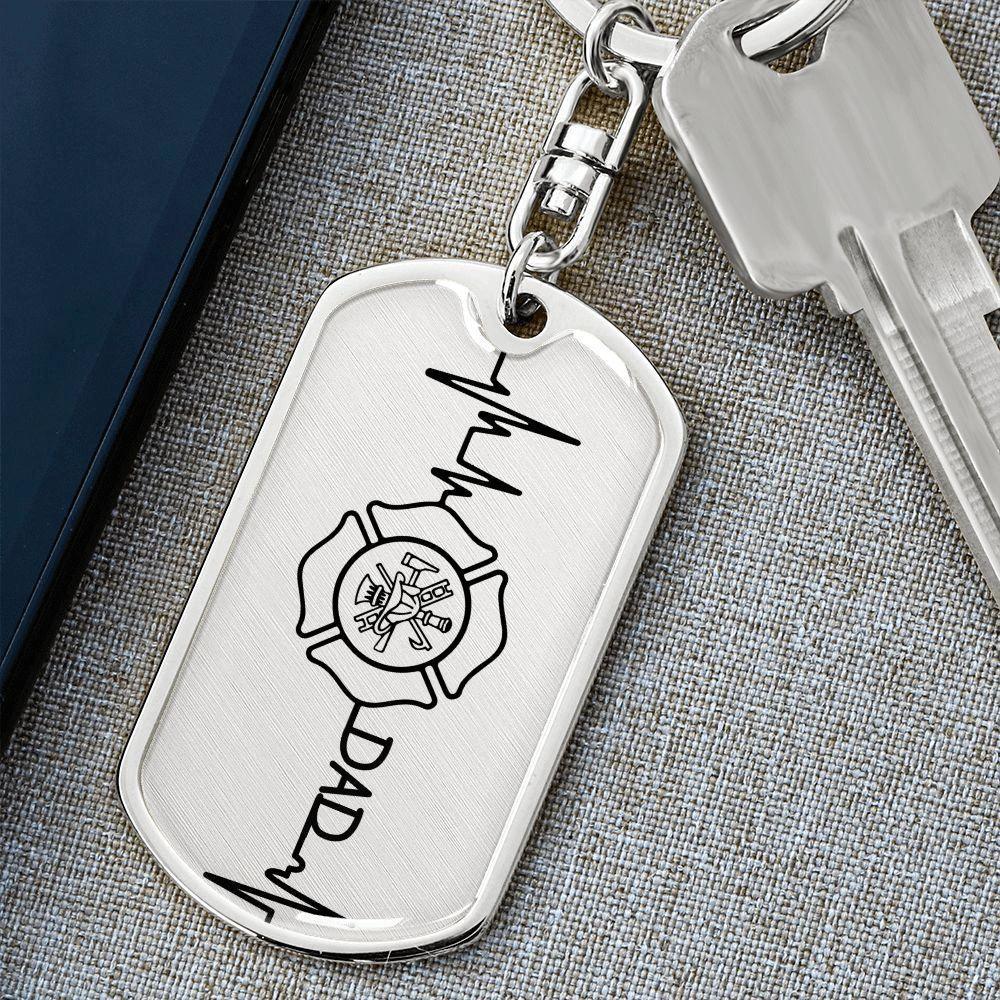 Firefighter Dad Heartbeat Dog Tag Keychain – Personalized Gift for Firefighter Fathers | Durable Steel with Optional Engraving