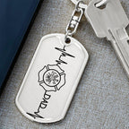 Firefighter Dad Heartbeat Dog Tag Keychain – Personalized Gift for Firefighter Fathers | Durable Steel with Optional Engraving