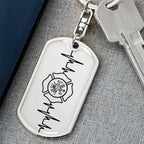 Firefighter EKG Line Dog Tag Keychain – Engraved Keepsake Gift for Heroes | Durable Stainless Steel with Optional Back Engraving