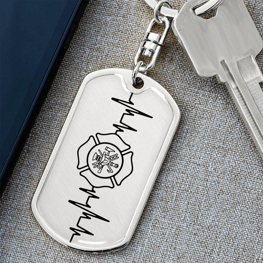 Firefighter EKG Line Dog Tag Keychain – Engraved Keepsake Gift for Heroes | Durable Stainless Steel with Optional Back Engraving