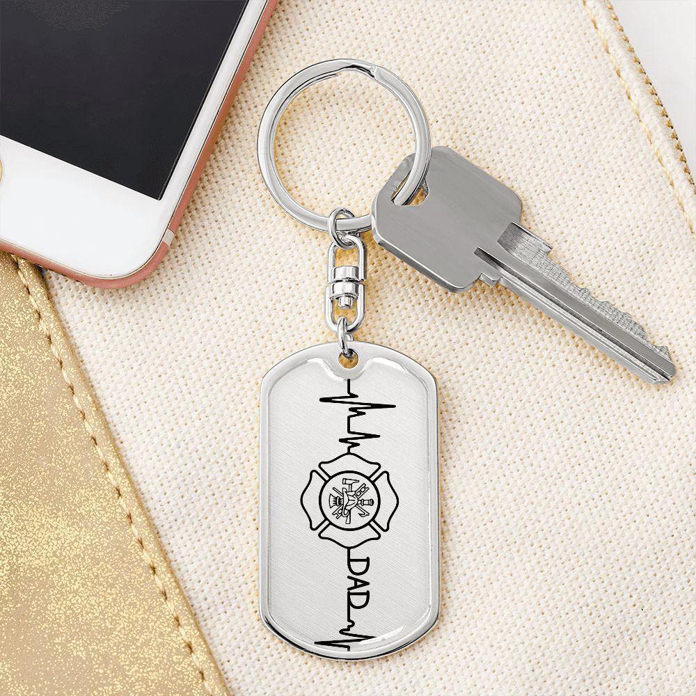 Firefighter Dad Heartbeat Dog Tag Keychain – Personalized Gift for Firefighter Fathers | Durable Steel with Optional Engraving