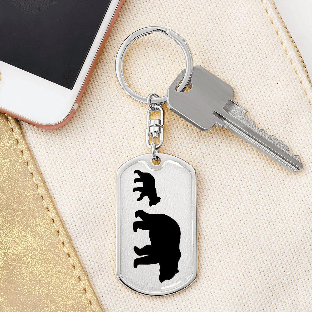 Papa Bear with Cub Engraved Dog Tag Keychain