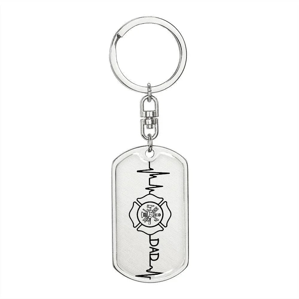 Firefighter Dad Heartbeat Dog Tag Keychain – Personalized Gift for Firefighter Fathers | Durable Steel with Optional Engraving