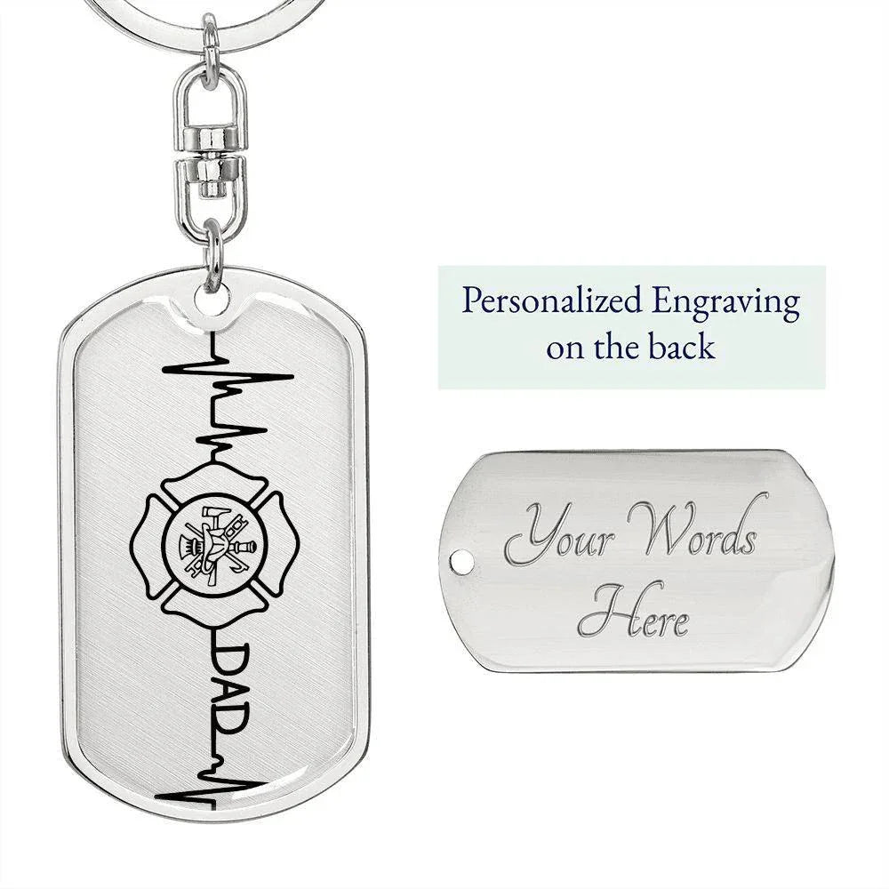 Firefighter Dad Heartbeat Dog Tag Keychain – Personalized Gift for Firefighter Fathers | Durable Steel with Optional Engraving