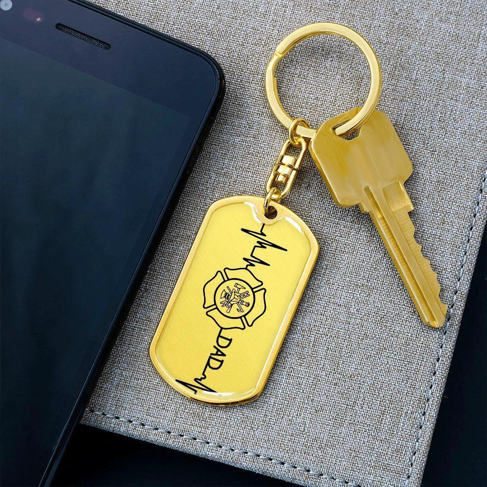 Firefighter Dad Heartbeat Dog Tag Keychain – Personalized Gift for Firefighter Fathers | Durable Steel with Optional Engraving