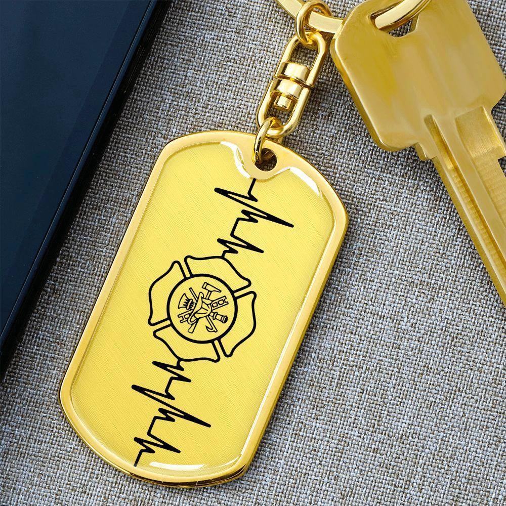 Firefighter EKG Line Dog Tag Keychain – Engraved Keepsake Gift for Heroes | Durable Stainless Steel with Optional Back Engraving