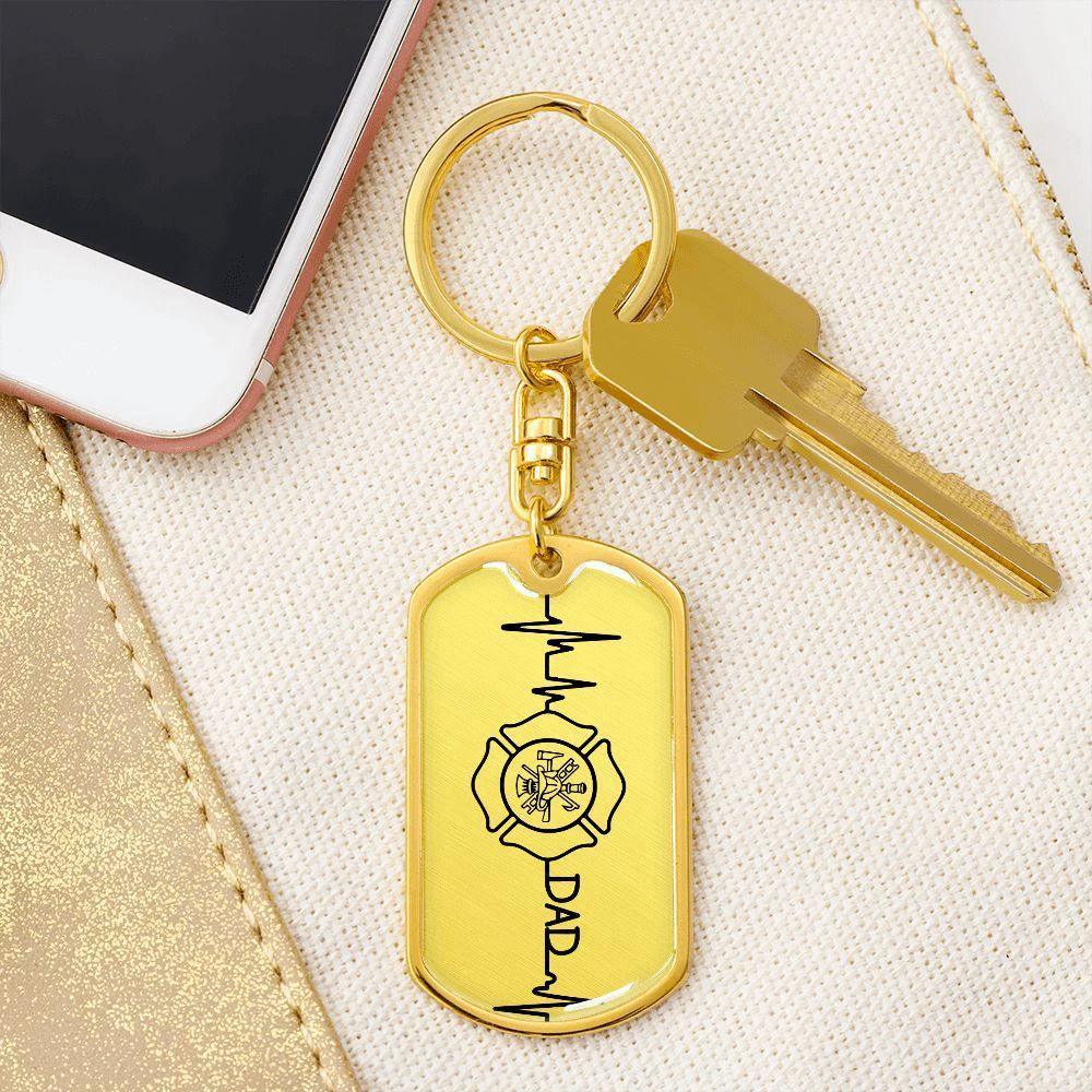 Firefighter Dad Heartbeat Dog Tag Keychain – Personalized Gift for Firefighter Fathers | Durable Steel with Optional Engraving