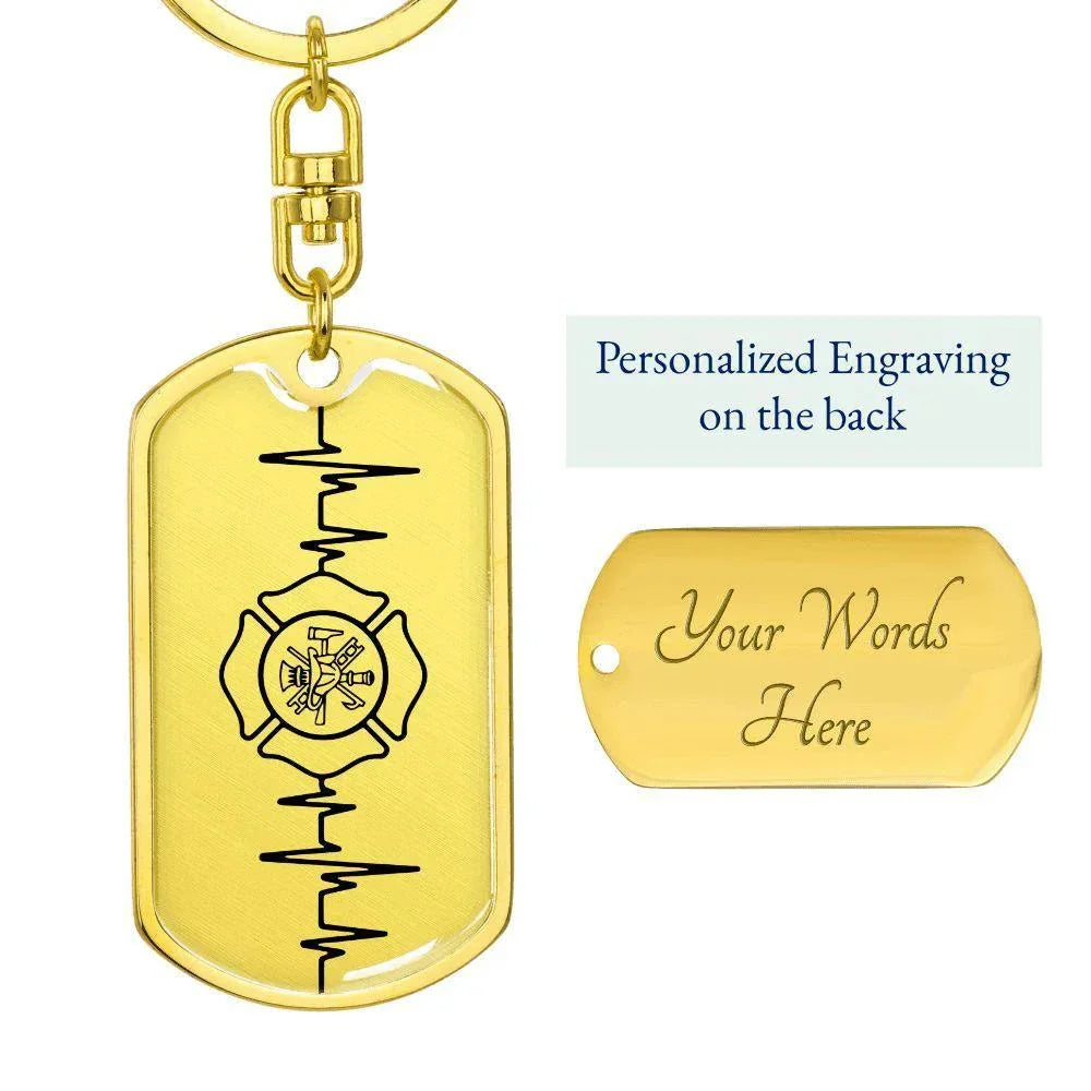 Firefighter EKG Line Dog Tag Keychain – Engraved Keepsake Gift for Heroes | Durable Stainless Steel with Optional Back Engraving