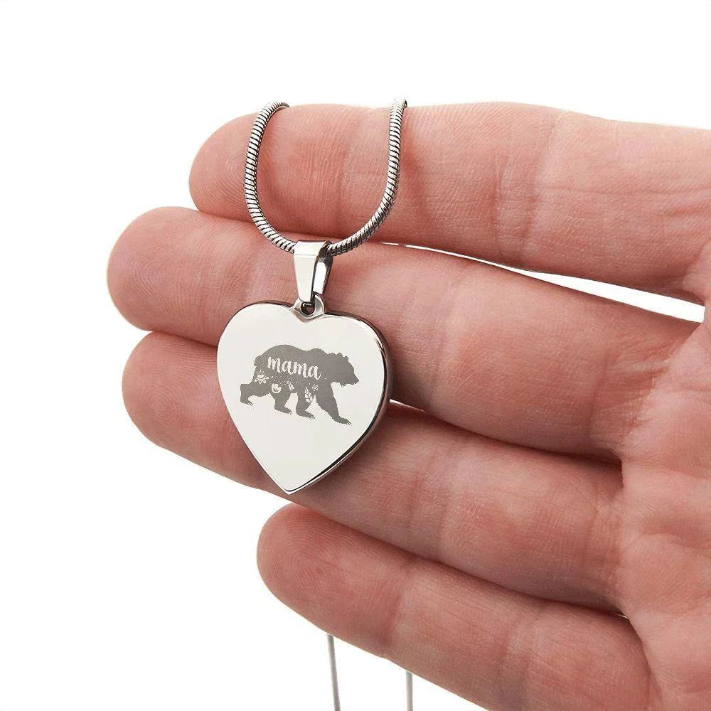 Mama Bear Engraved Heart Necklace