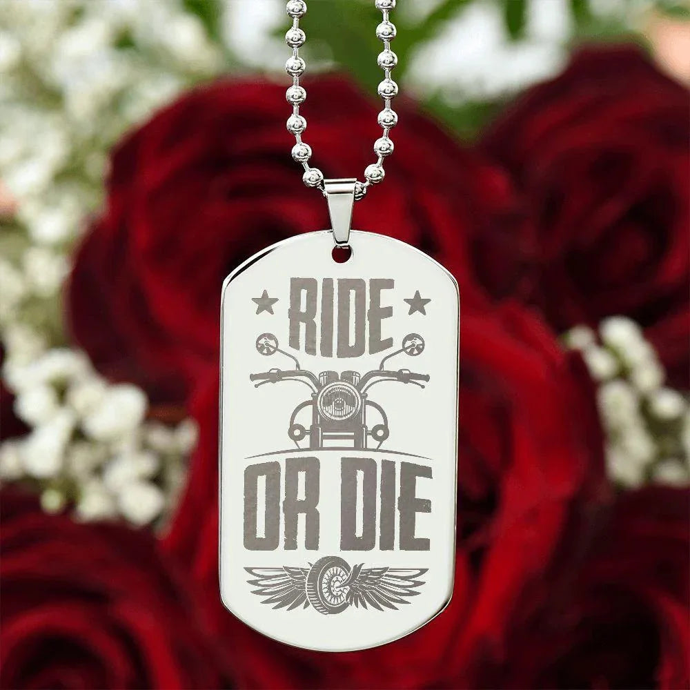 Gift for Biker Ride Or Die Engraved Dog Tag Necklace