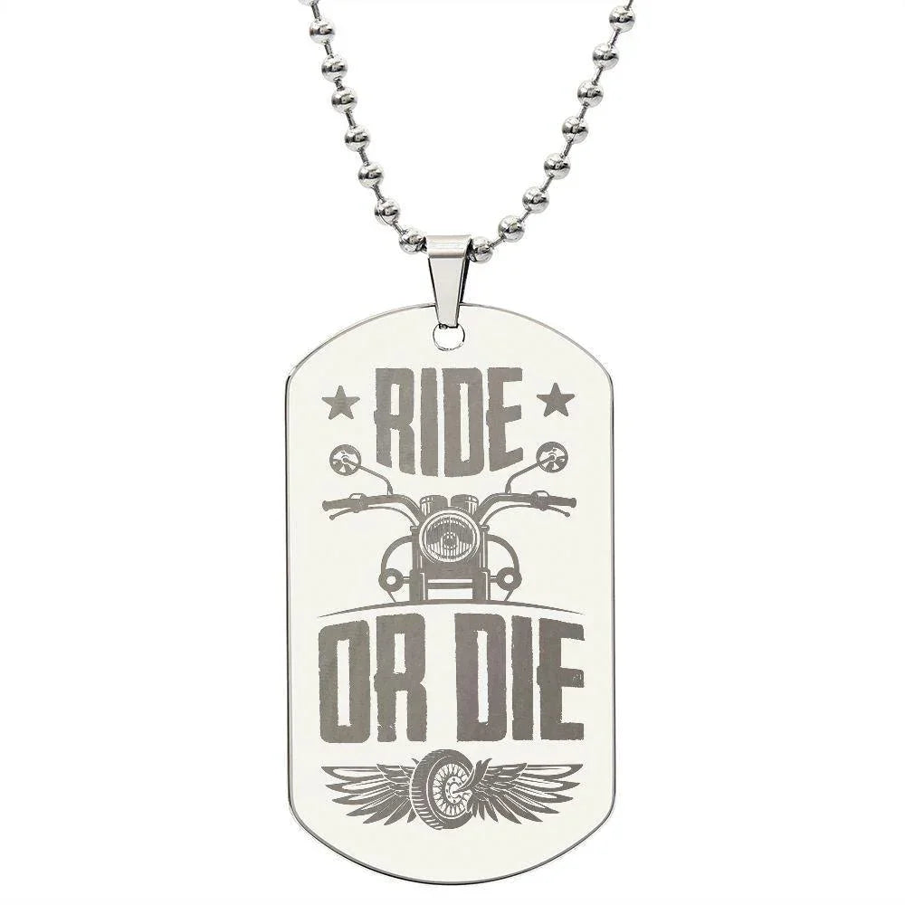 Gift for Biker Ride Or Die Engraved Dog Tag Necklace