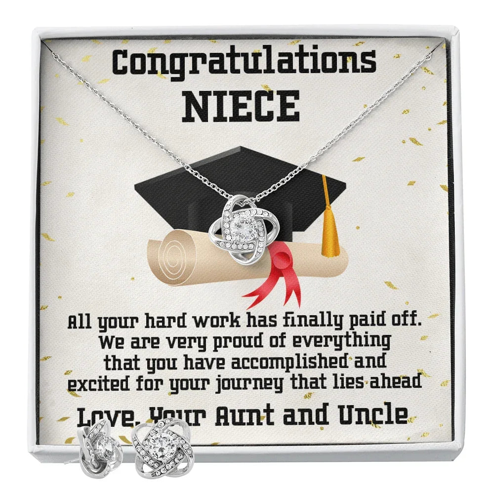 Niece Graduation Love Knot Pendant and Earring Set Congratulations from Aunt and Uncle