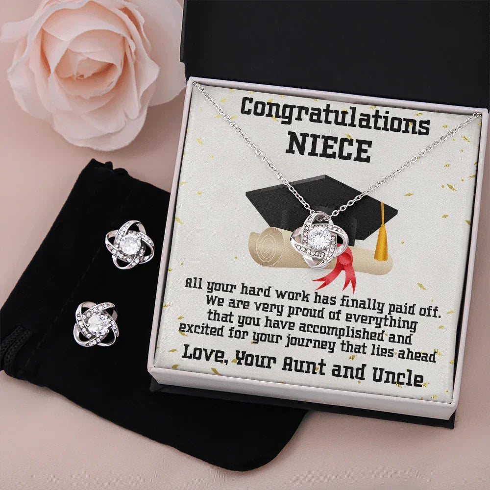 Niece Graduation Love Knot Pendant and Earring Set Congratulations from Aunt and Uncle