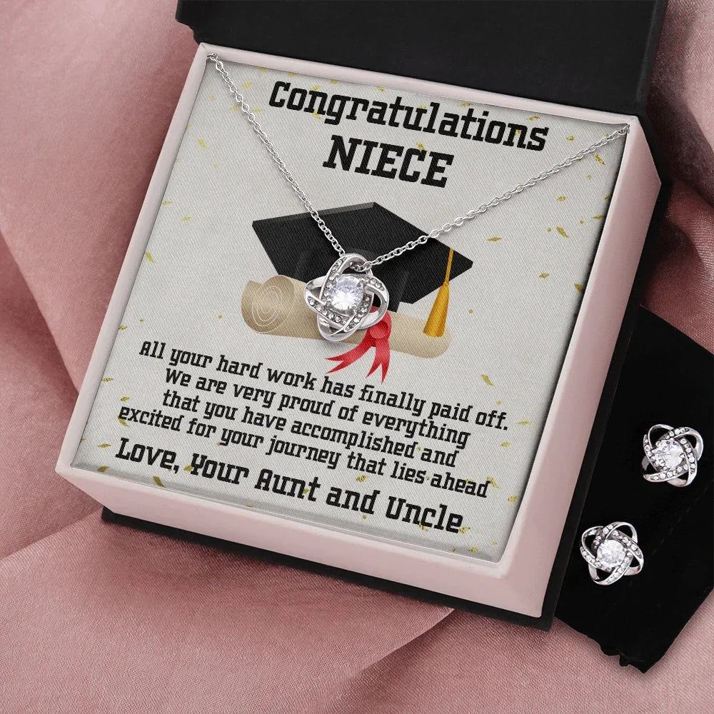 Niece Graduation Love Knot Pendant and Earring Set Congratulations from Aunt and Uncle