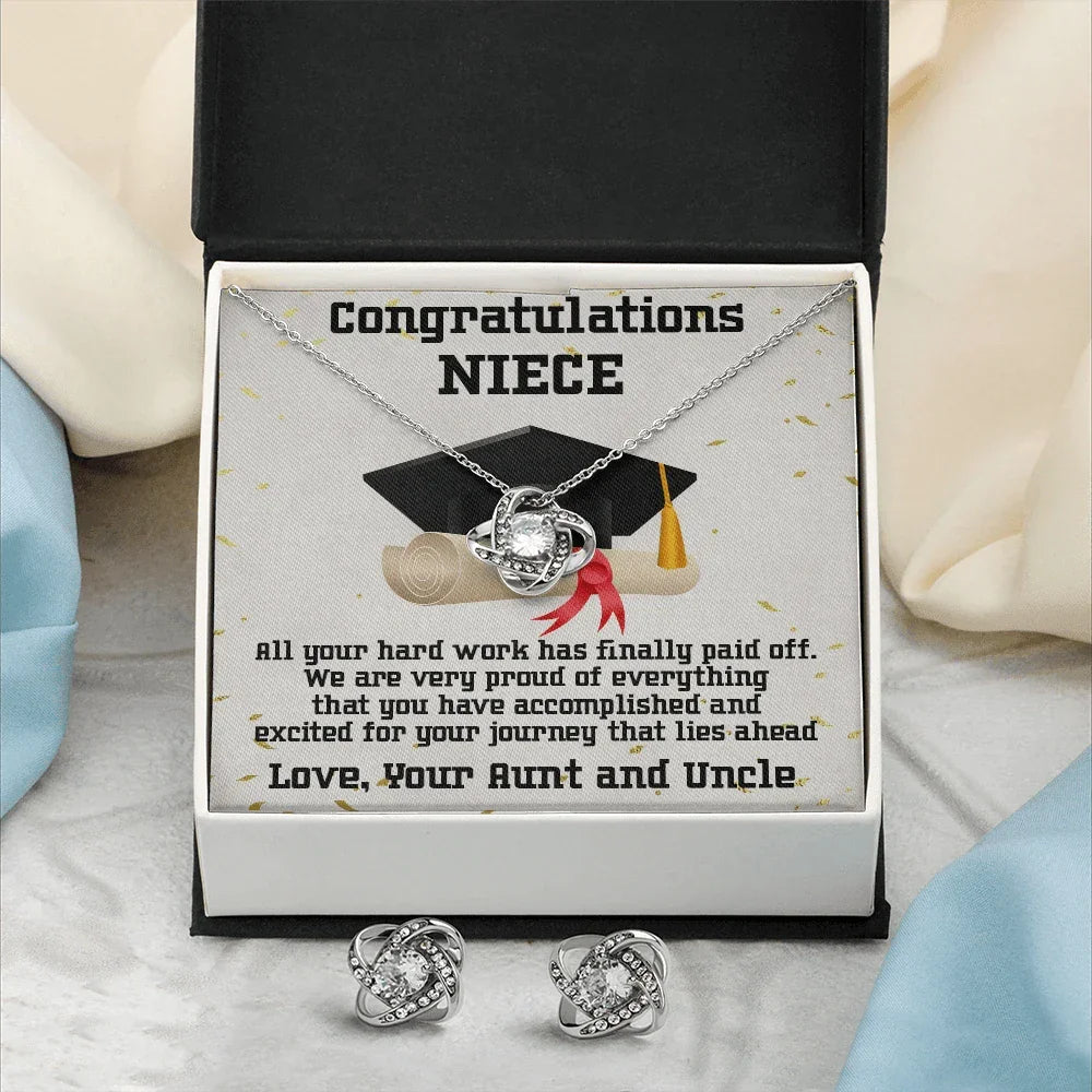 Niece Graduation Love Knot Pendant and Earring Set Congratulations from Aunt and Uncle