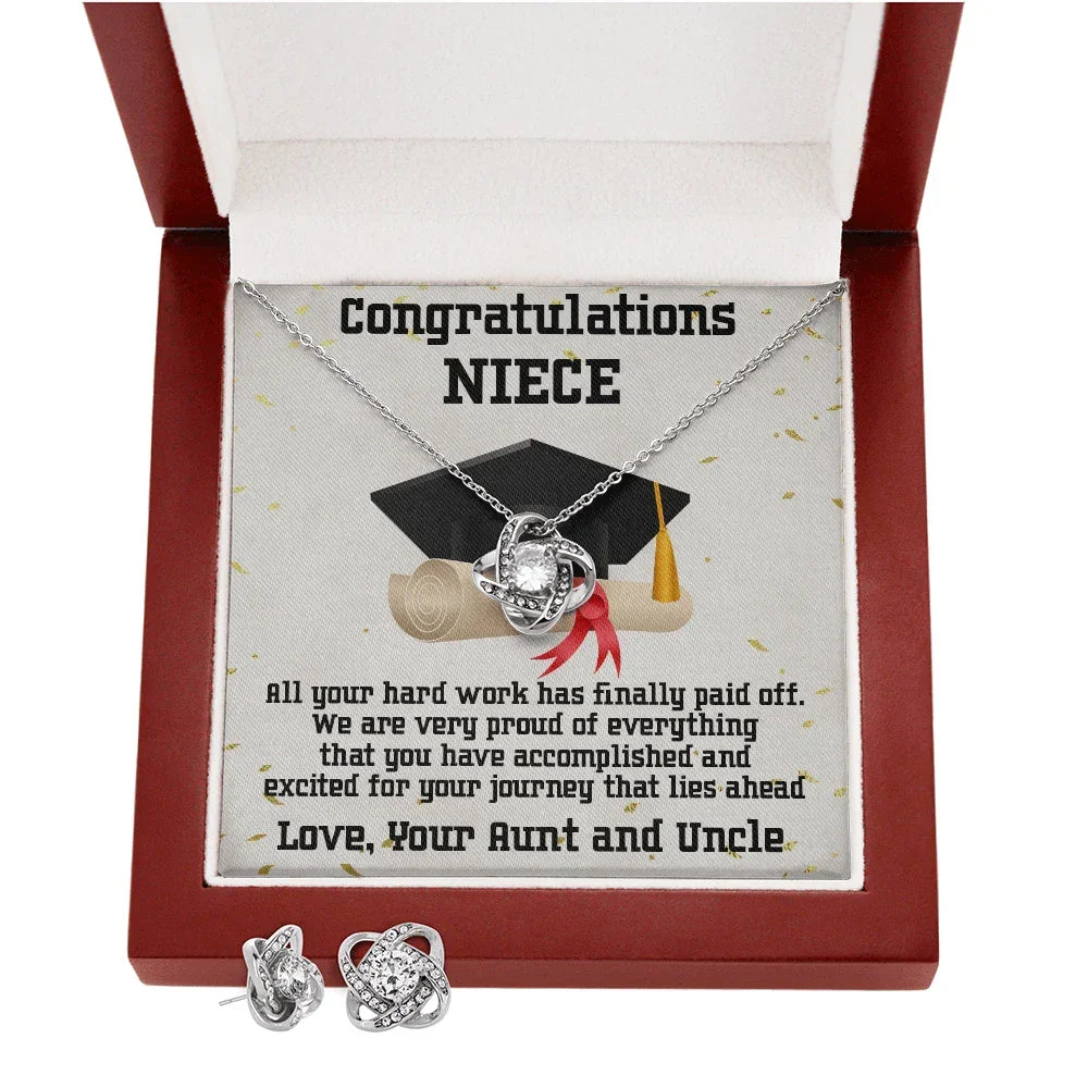 Niece Graduation Love Knot Pendant and Earring Set Congratulations from Aunt and Uncle