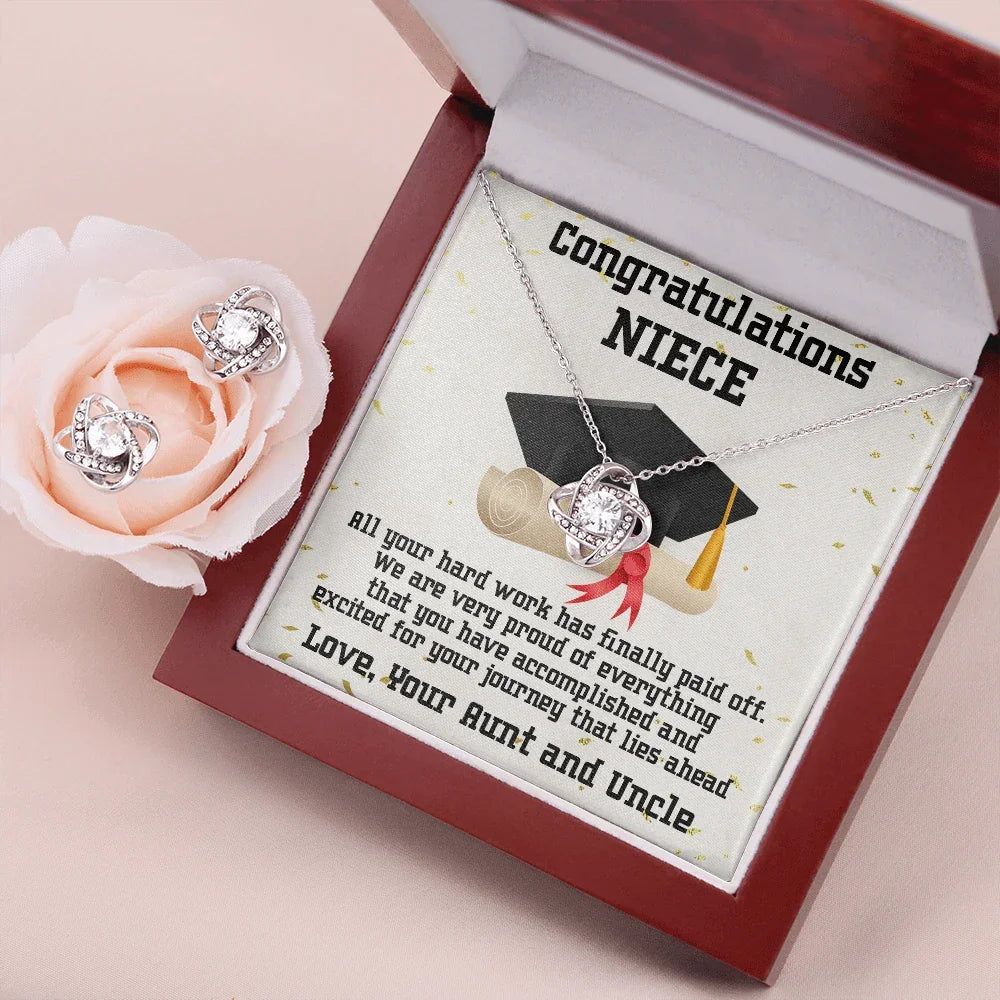 Niece Graduation Love Knot Pendant and Earring Set Congratulations from Aunt and Uncle