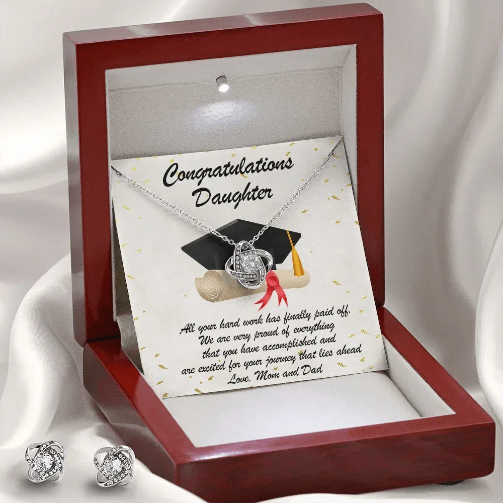 Graduation Gift for Daughter Love Mom and Dad Pendant Necklace and Earring Jewelry Set