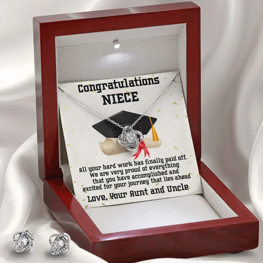 Niece Graduation Love Knot Pendant and Earring Set Congratulations from Aunt and Uncle