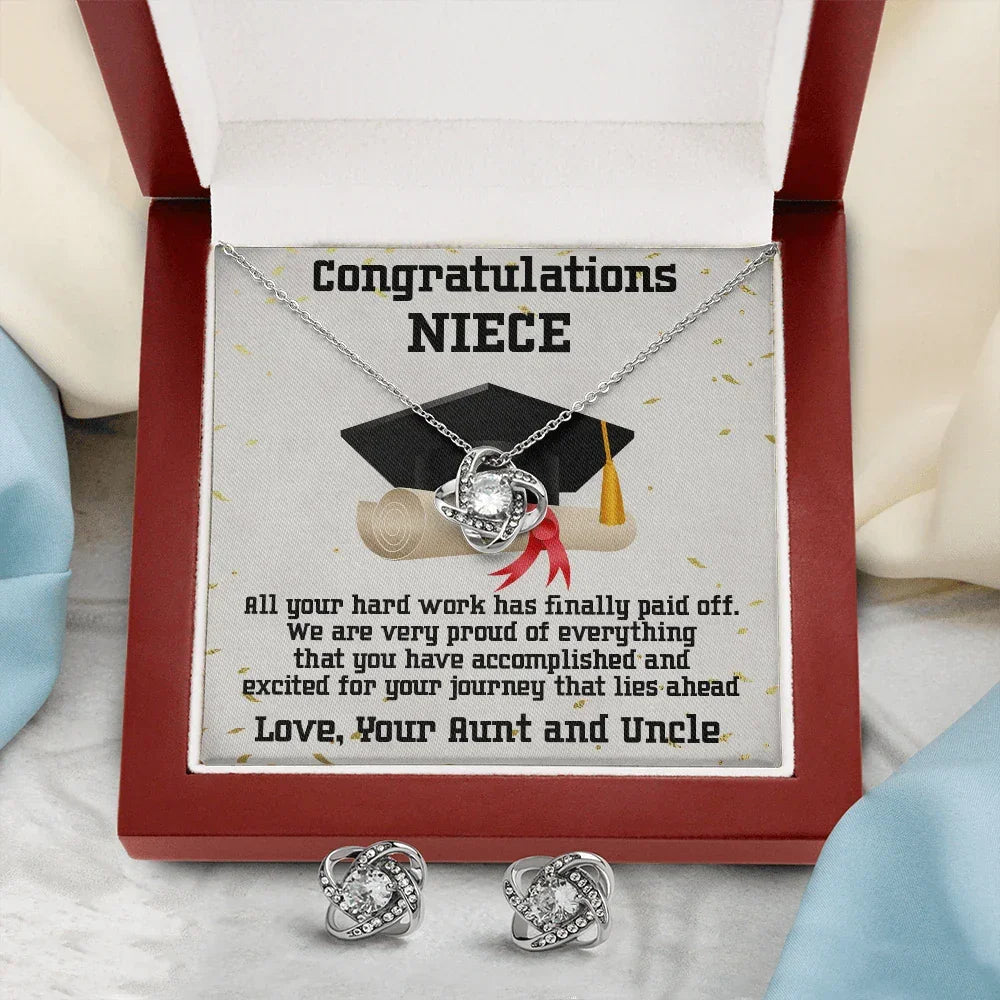 Niece Graduation Love Knot Pendant and Earring Set Congratulations from Aunt and Uncle