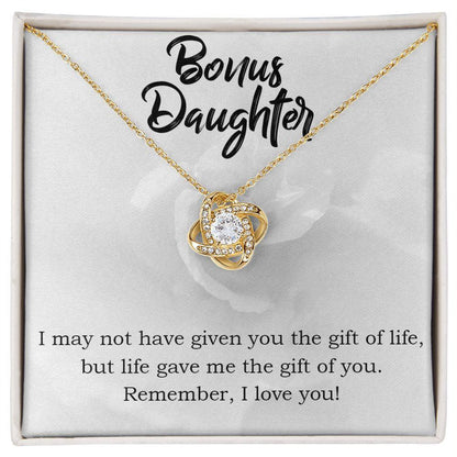 Gift for Bonus Daughter - Gift of Life - Love Knot Necklace Message Card Gift Box - Mallard Moon Gift Shop