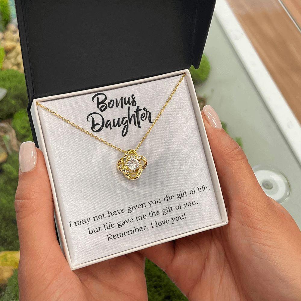 Gift for Bonus Daughter - Gift of Life - Love Knot Necklace Message Card Gift Box