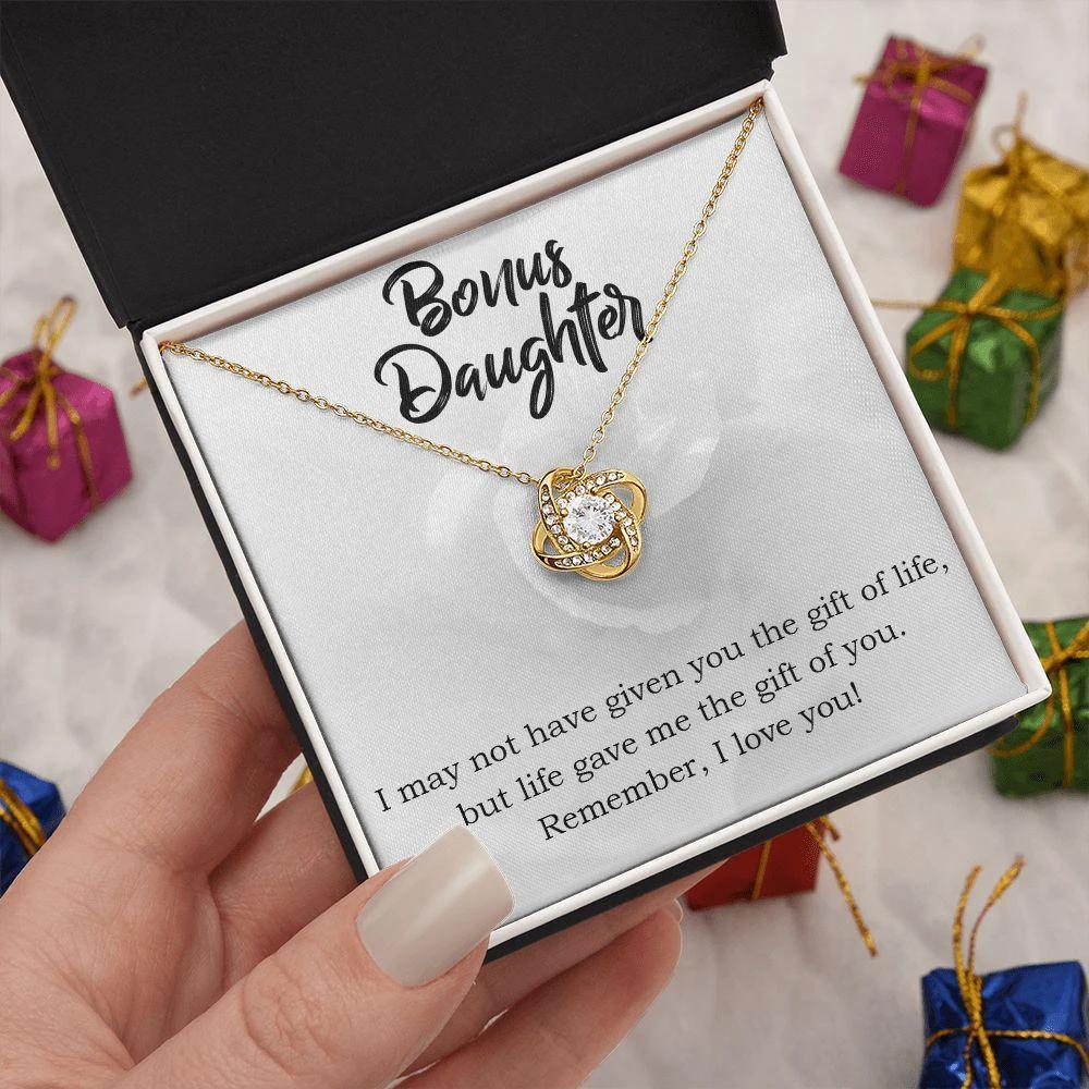 Gift for Bonus Daughter - Gift of Life - Love Knot Necklace Message Card Gift Box